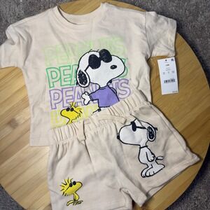 Peanuts Snoopy Woodstock Beige Graphic T-Shirt and Shorts Set 12M NWT